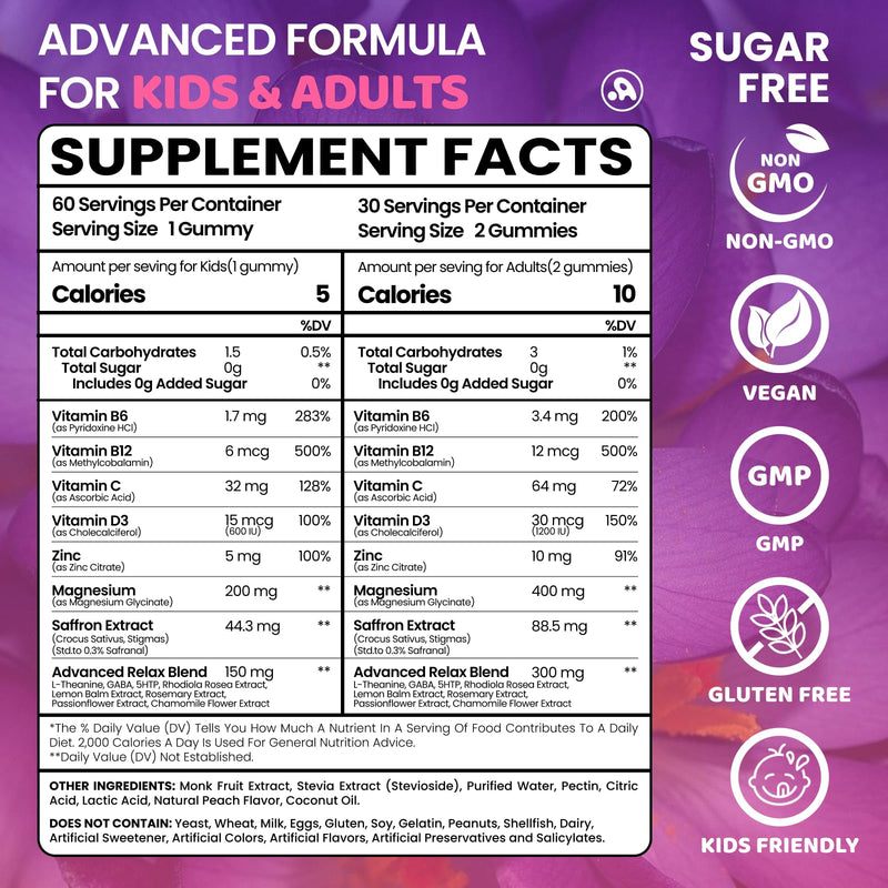 Saffron Gummies for Kids, Nerve & Focus Support, Saffron Supplements,60 Ct | 15-in-1 fomula with B6, B12, C, D3, Magnesium Glycinate, Zinc for Rest. Sugar Free, Peach Flavor. Vegan, Non- GMO