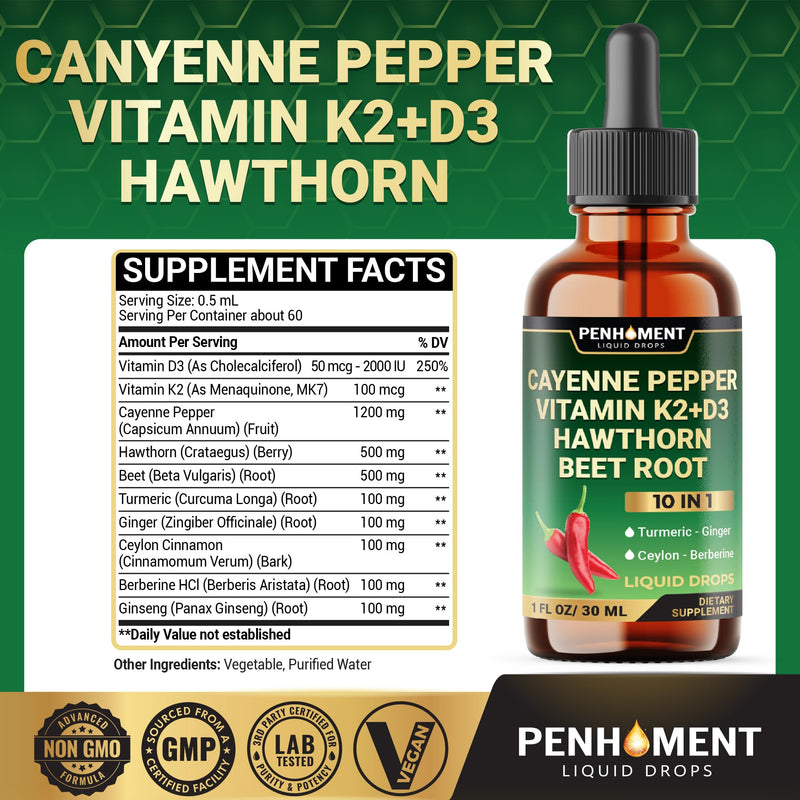 10in1 2700mg Cayenne Pepper Liquid Drops + Hawthorn Berry, Vitamin D3 K2 Beet Root Turmeric Ginger and More - Digestion Support - 1 Fl Oz - 2 Months Supply 1 Fl Oz (Pack of 1)