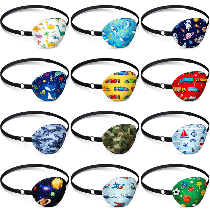 12 Pcs Eye Patches for Kids Adjustable Eye Patch Single Cute Reusable Cartoon Eyepatch with Elastic Strap Costume Accessories for Boys Funny Gifts Right or Left Eye Various Pattern