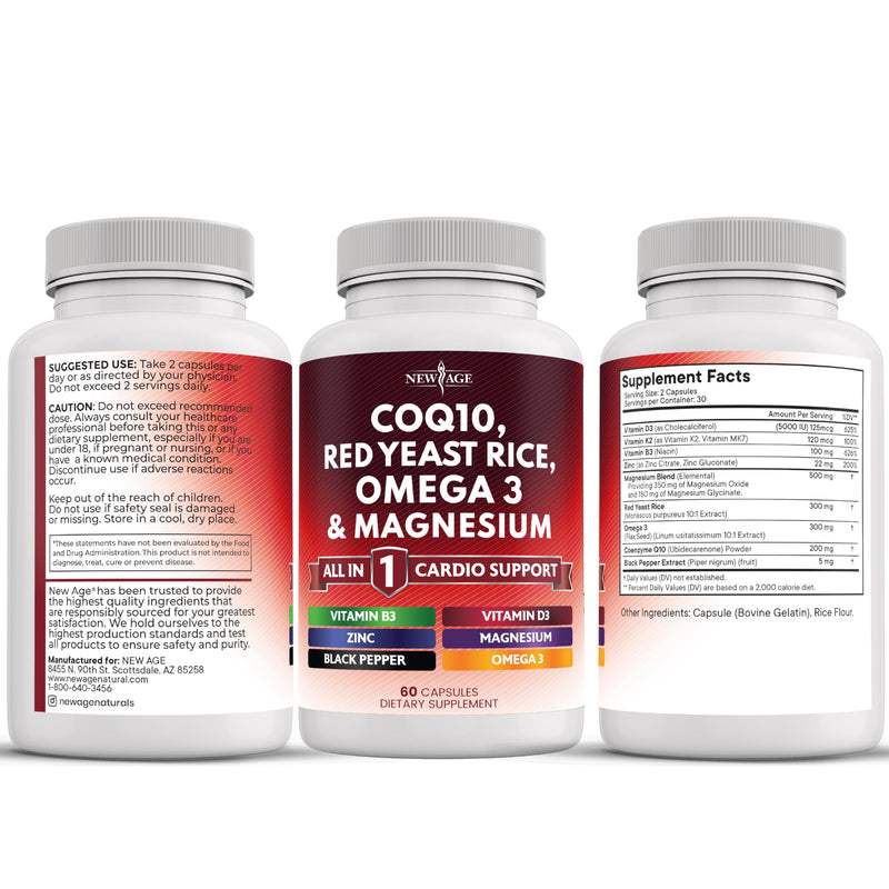 NEW AGE COQ10 200mg Red Yeast Rice Omega 3-6-9 Magnesium Complex Zinc Vitamin K2 D3 - Support Vitamins for Women and Men with Vitamin B3, Coenzyme Q10-180 Count 180 Capsules (Pack of 3)