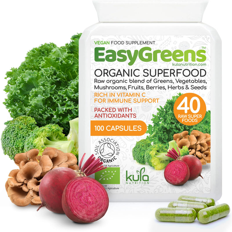 EasyGreens - Organic Greens Superfood Capsules – 100 Vegan Capsules - Soil Association Certified Natural Vitamin and Mineral - 40 Raw Greens, Fruits, Vegetables, Mushrooms, Sprouts, Seeds and Herbs