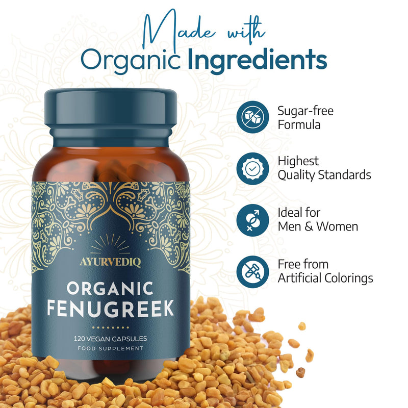 Ayurvediq Organic Fenugreek Capsules - 120 Vegan High Strength Fenugreek Powder Capsules for Lactating Mums, Hormonal & Blood Sugar Balance, Natural Supplements for Digestion 1 count (Pack of 120)