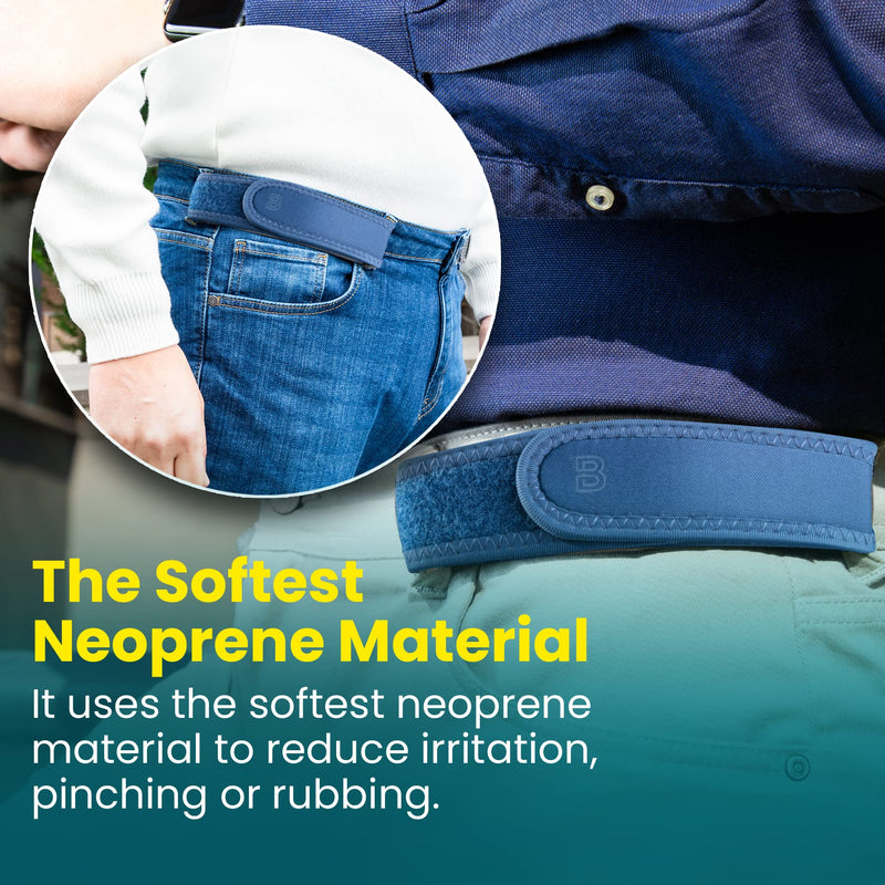 [Australia] - BeltBro Neo Buckle-Free Elastic Belt - Ultra-Soft Padding For Ostomy Bag, Back Pain & Wheelchair - Fits 1.5 Inch Belt Loops Denim 