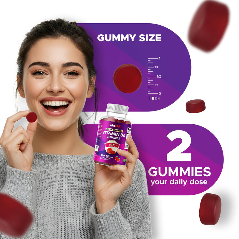 Vitabod Extra Strength Vitamin B6 Gummies 100mg – 180 Pectin-Based Gummies – Supports Energy Metabolism & Nervous System Health – Great Taste – Non-GMO