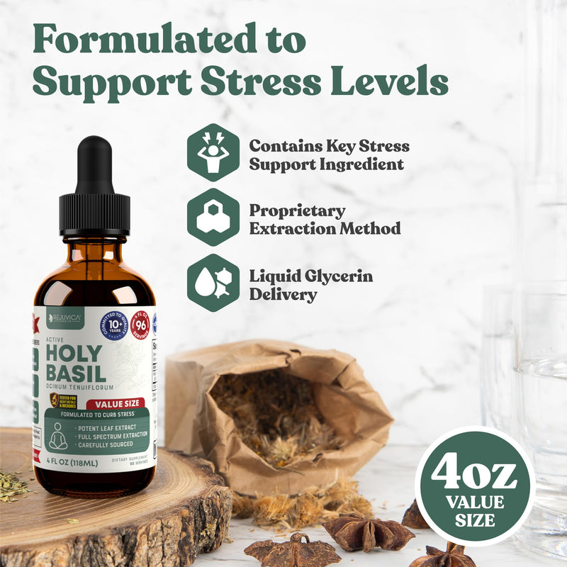 [Australia] - Rejuvica Health Active Holy Basil 4oz XL Super Size - Advanced Stress Support Supplement Drops - Holy Basil Leaves Liquid Extract - Vegan Sugar Free Non GMO Tincture 4 Fl Oz (Pack of 1) 