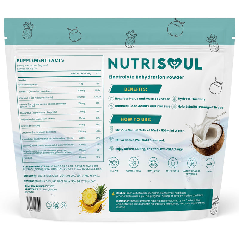 Rapid Rehydration Electrolyte Powder | Pineapple & Coconut Flavour | 30 Sachets | Vitamins C, B1, B3, B5, B9, B12, Magnesium & Himalayn Salt | Zero Sugar | Electrolytes Hydration Drink Mix