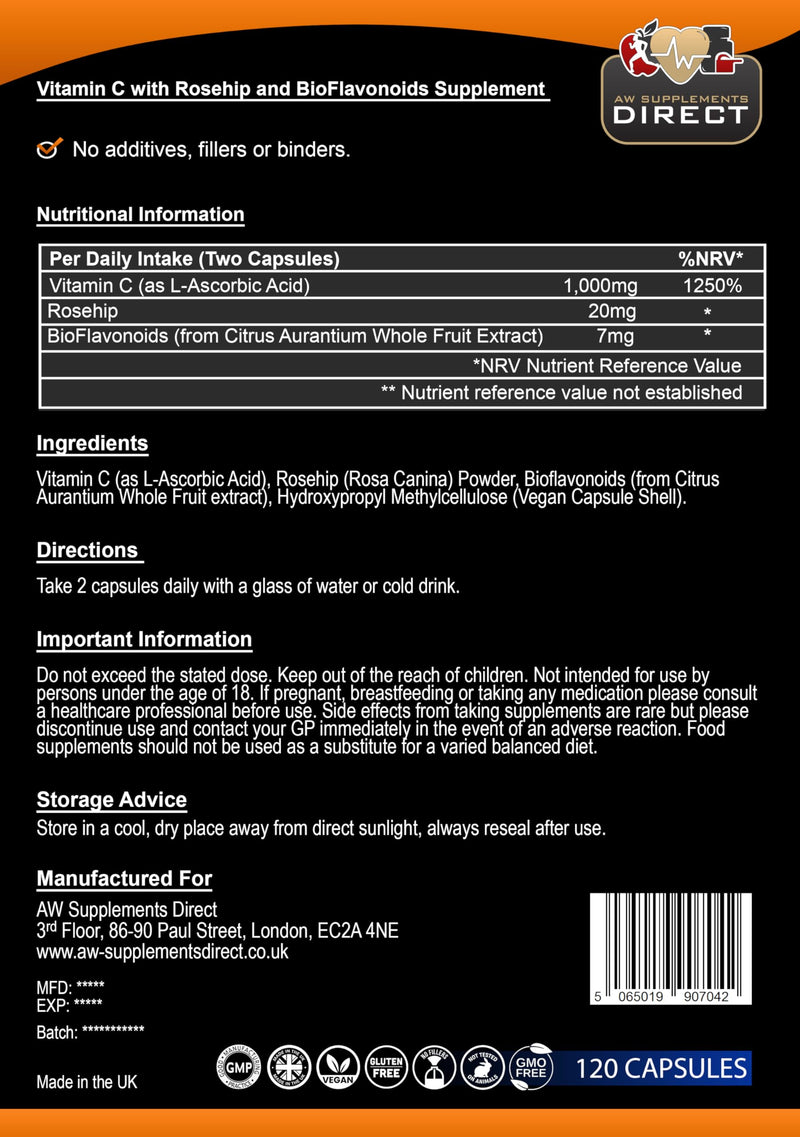 AW Vitamin C | 120 High Strength Vitamin C 1000mg Capsules with Rosehip 20mg & BioFlavinoids 7mg per Serving | VIT C Supplement | Non-GMO & Allergen Free | Manufactured in the UK