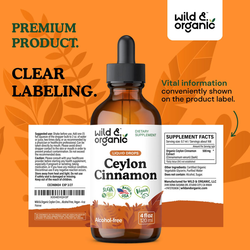 [Australia] - Wild & Organic Ceylon Cinnamon Tincture 500 mg - Liquid Cinnamon Supplements for Overall Support - Cinnamomum Verum Bark Extract - Vegan, Sugar & Alcohol-Free, Non-GMO - 4 fl oz 4 Fl Oz (Pack of 1) 