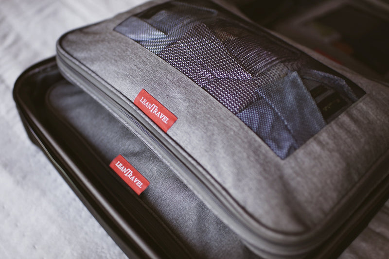 LeanTravel Bundle Compression Packing Cubes Set of 3 + Shoe bags for Travel Set of 6 - Color Grey
