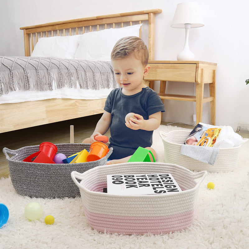 [Australia] - ABenkle Rope Basket, Small Storage Gift Basket, Rectangle Under Shelf Basket, Decorative Boho White Rope Woven Basket with Handle for Baby Dog Toy Egg Fruit Snack Towel Easter 