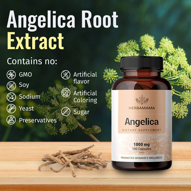 [Australia] - HERBAMAMA Angelica Root Capsules - Organic Dong Quai Root Capsules - Angelica Root Powder Vegan Supplement - Dong Quai Herb Pills - 1000mg 100 Caps 