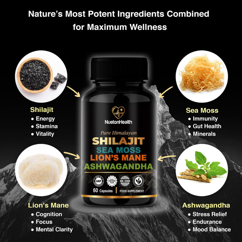 Shilajit, Sea Moss, Lion's Mane, and Ashwagandha Capsules - Comprehensive All-in-One Wellness Supplement for Mind, Body, and Vitality - 60 Vegan Capsules Primal Boost 60 count (Pack of 1)