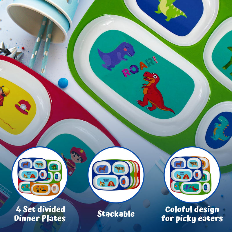[Australia] - 4E's Novelty 4 Melamine Dinner Plate for Kids Boys, Plastic Mealtime Divided Plates, Dinnerware Dishes Set For Picky Eaters, BPA Free, Construction, Dinosaur, Firefighter, Farm Animal Boys Theme 