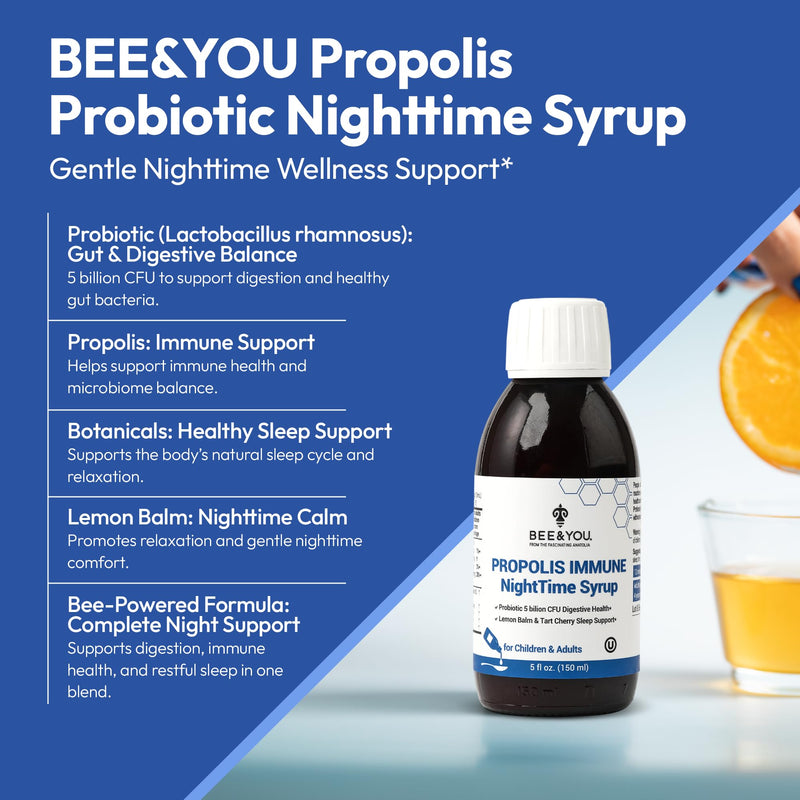 Bee and You Propolis Immune Nighttime Syrup with Probiotic & Vitamin C – Immune & Digestive Support, Healthy Sleep & Gut Health, Antioxidant Rich, 150 ml