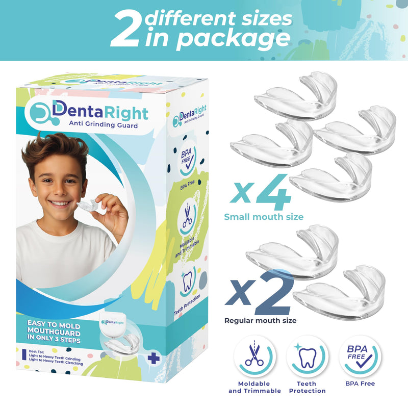 6-Pack Moldable Mouth Guards for Teeth Grinding and Clenching – Reusable, Trimmable Custom Fit Anti-Grinding Guards – 2 Sizes (4 Small + 2 Regular) for Small Mouths
