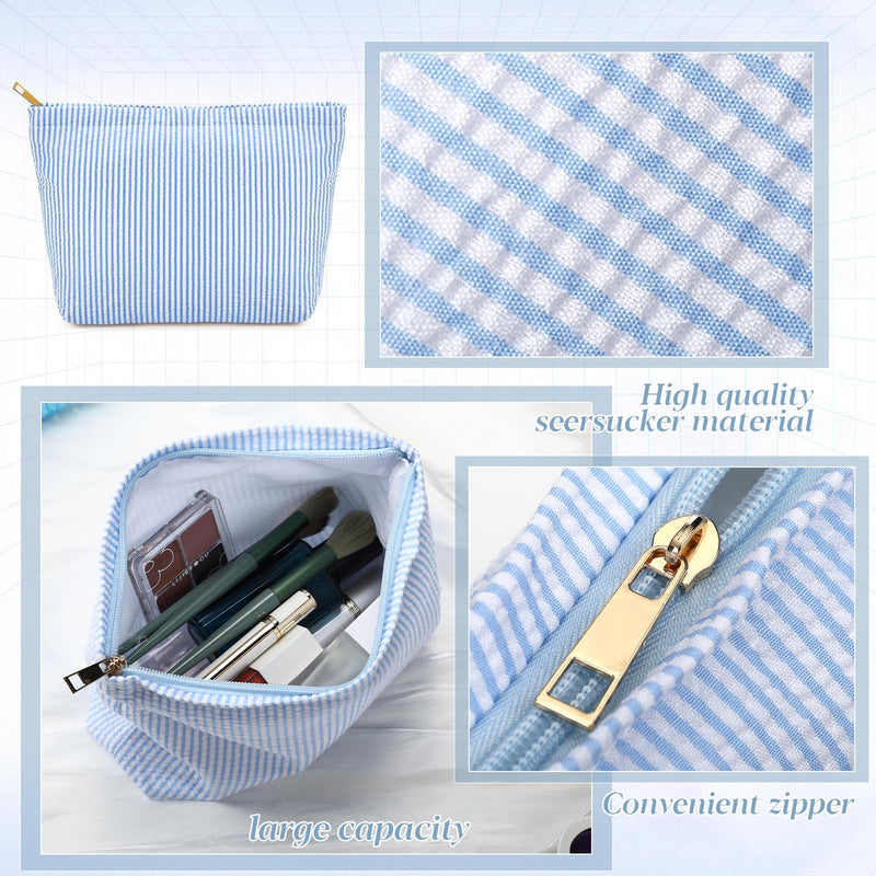 Sanwuta 12 Pcs Seersucker Makeup Bag for Women Stripe Cosmetic Bag Bulk Travel Toiletry Organizer Preppy Storage Pouch Zipper Purse Gifts for Wedding Bridesmaid Mom (Blue) Blue