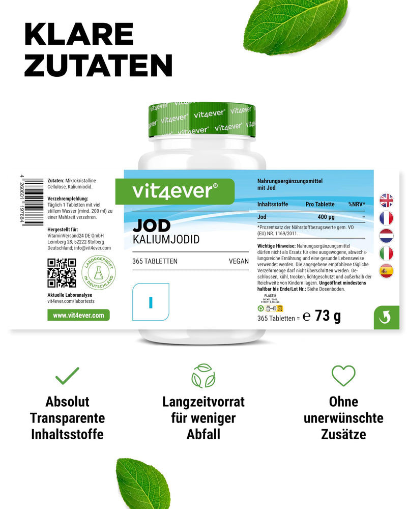 [Australia] - Iodine 400µg - 365 tablets made of potassium iodide - potassium iodide for 1 year supply - without unwanted additives - high dosage - vegan 
