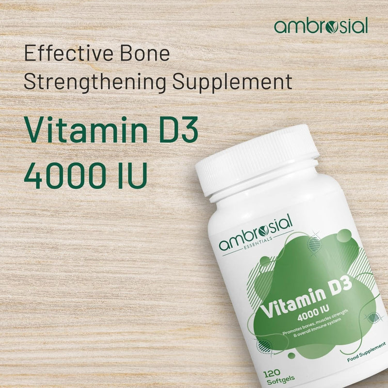 Ambrosial Vitamin D3 4000 IU (100 mcg) Softgel - High Strength Vitamin D Supplement | Gluten Free | Supports Immune System, Healthy Bones & Teeth | Vitamin D 4000iu | Pack of 1-120 Softgels