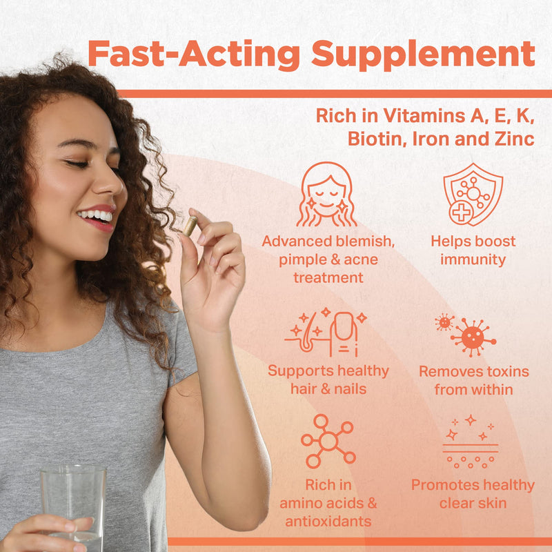 Strength & Spices Natural Skin, Acne Control Skin Care Supplement, Vegan Multivitamin with 8 Ingredients Rich in Vitamin A and Amino Acids, Vegan Formula for Clear, Healthy Skin, 1000mg, 60 Capsules Jar