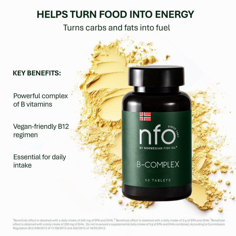 NFO Vitamin B Complex [90 Tablets] Norwegian Fish Oil Natural High-Dose Complex of Multivitamins of Group B in an Easily Accessible Form: B1, B2, B3, B5, B6, B9, B12 for Men and Women Made in Norway