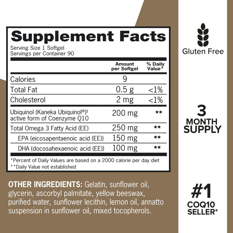 [Australia] - Qunol Plus Ubiquinol + Omega 3, Ubiquinol CoQ10 200mg with 250mg Omega-3 Fish Oil, Extra Strength, Antioxidant for Heart Health, Natural Supplement for Energy Production, (Bovine Version), 90 Count 