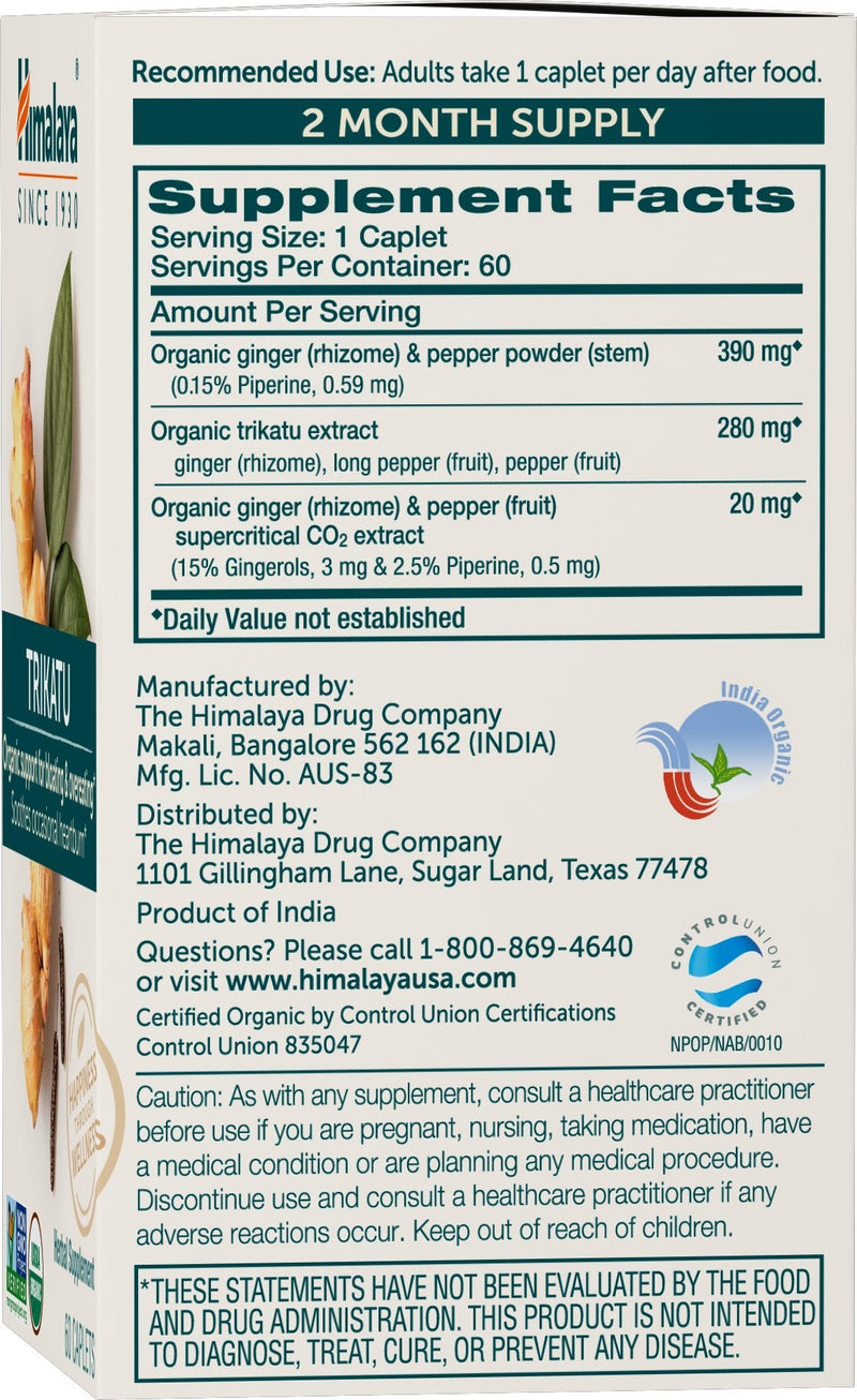 [Australia] - Himalaya Organic Trikatu, 60 Day Supply - Digestive Health Supplement for Occasional Bloating, Heartburn, and Indigestion Relief - USDA Organic, Vegan, Non-GMO, Gluten Free, 60 Caplets 