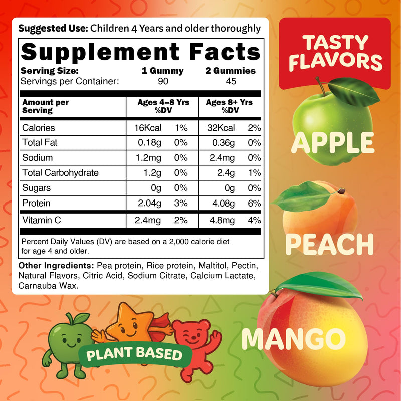 Bear Bites Gummies-Plant Based Kids Protein Gummy– Vegan, Sugar-Free, Gluten-Free, Vitamin C – Immunity Booster, Protein Snacks –Tasty Apple, Peach, Mango Flavors –90 Count –No Artificial Flavors