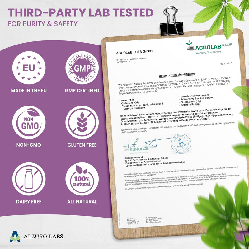 Lungwort & Mullein 2,000mg Equivalent | High Strength 500mg 4:1 Extract | 120 Vegan Capsules | Lung, Respiratory & Clear Breathing Support | GMP & 3rd Party Lab Tested