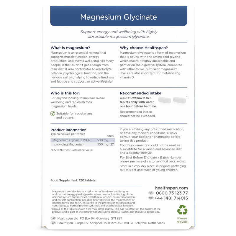 Healthspan Magnesium Glycinate 1500mg | Unwind at Bedtime | Reduces Tiredness & Fatigue | Maintains Normal Muscle & Psychological Function | Gentle on Your Stomach | Vegan (240 Tablets) 120 count (Pack of 2)