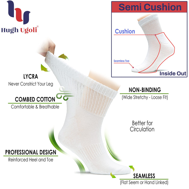 [Australia] - Hugh Ugoli Men's Cotton Diabetic Ankle Socks, Wide, Loose and Stretchy, Seamless Toe & Non Binding Top, Semi Cushion, 3 Pairs 8-11 01- White (3 Pairs) 