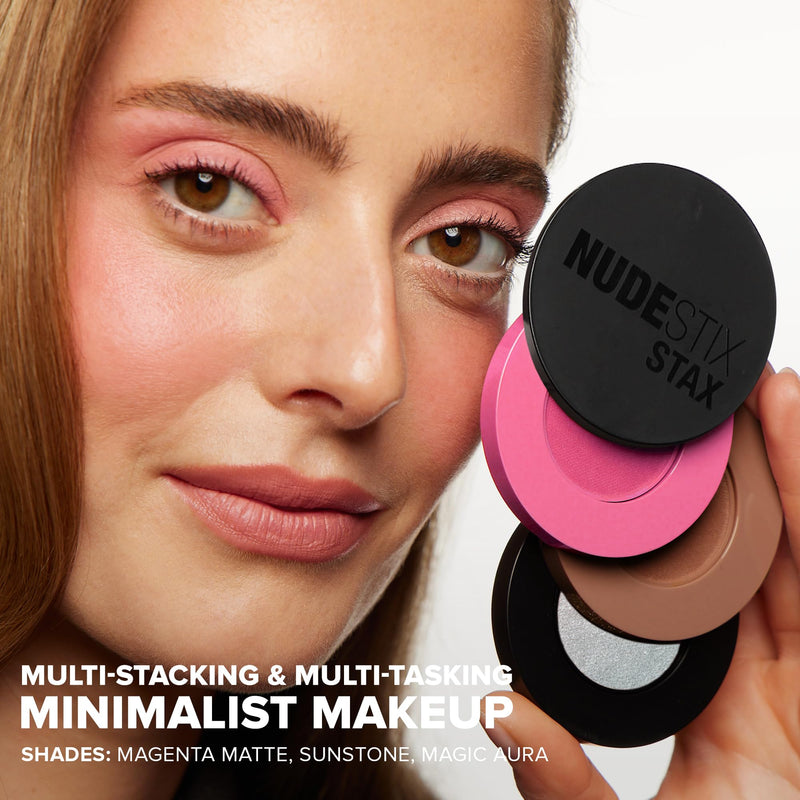 [Australia] - Nudestix Sunpink Glow STAX Set – 3-Piece Cream Blush & Highlighter Sticks for Cheeks, Lips & Eyes | Includes Sunstone, Magenta Matte & Magic Aura | Multi-Use, Stackable, Vegan Makeup Set 
