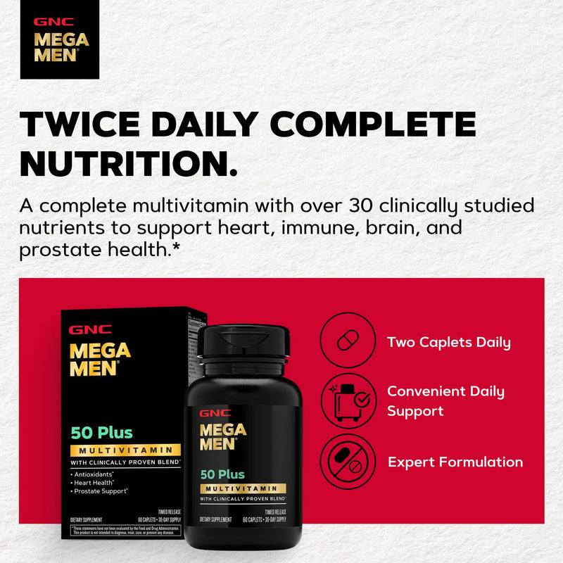 GNC Mega Men 50 Plus Multivitamin for Men | Antioxidants | Heart Health | Prostate and Circulatory Support | 120 Count 120 Count (Pack of 1)