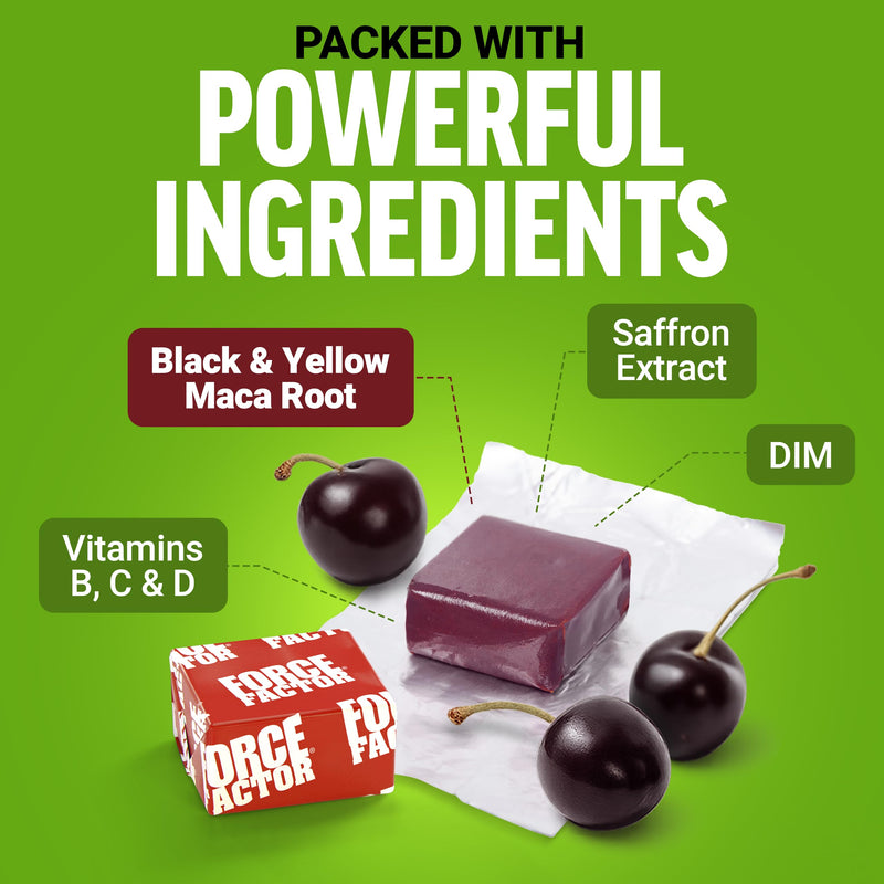Force Factor Perfect Maca, Maca Root & DIM Supplement with Saffron | Boost Energy and Mood, with Yellow and Black Maca, Vitamins, Minerals, and Antioxidants, Dark Cherry Flavor, 60 Soft Chews 60 Count (Pack of 1) Herbal Supplement