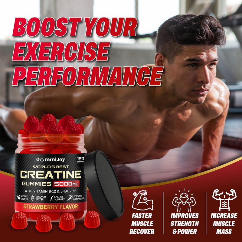 Creatine Gummies 5000mg | 120 Max Strength Muscle Growth | Recovery Supplements for Men & Women | Creatine Monohydrate Plus B12 and L-Taurine | Strawberry Flavour | 1 Month Supply 120 count (Pack of 1)