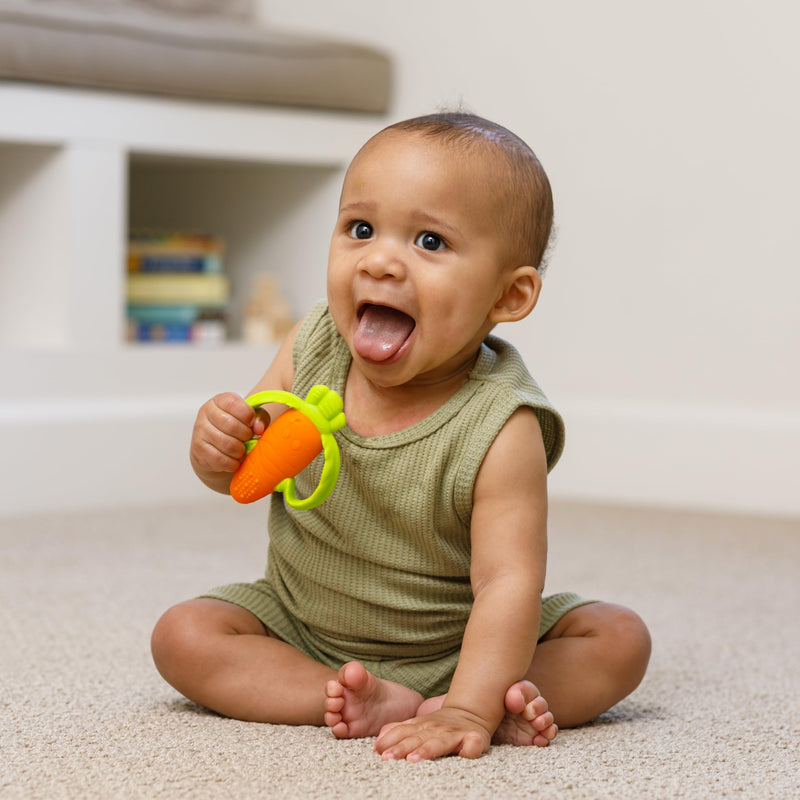 [Australia] - Infantino Lil' Nibbles Textured Silicone Baby Teether - Sensory Exploration and Teething Relief with Easy to Hold Handles, Orange Carrot, 0+ Months 