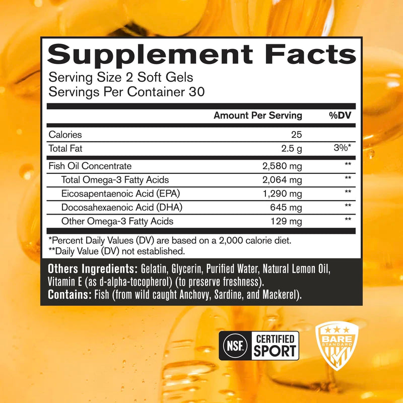 [Australia] - BARE PERFORMANCE NUTRITION, BPN Strong Omega Fish Oil Soft Gel, 1290mg Fish Oil per Capsule, Wild Caught Fish, Sustainably Sourced, IFOS Certified, 30 Servings 