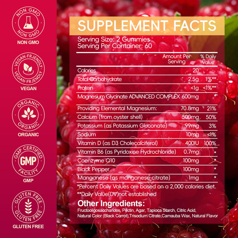 Magnesium Glycinate Gummies 600mg, Sugar Free Magnesium Gummies for Adults | High Absorption Magnesium Supplement, Chewable Potassium Supplements for Body Support, Zzz and Relaxation, 120 Count Raspberry 120 Count (Pack of 1)