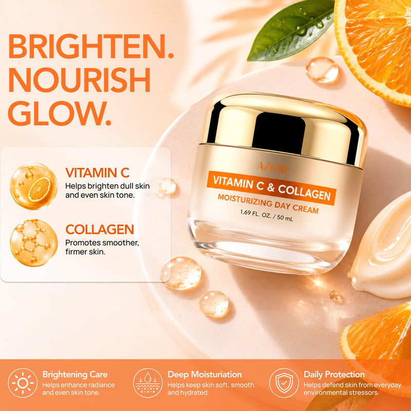 Vitamin C Face Cream with Collagen, Brightening Moisturizer, 1.69 Fl Oz | Dermatologist Tested, Anti-Aging, Korean Skin Care - Deep Hydration, Firm Feel & Antioxidant Support - Clean Beauty, Vegan Vitamin C & Collagen