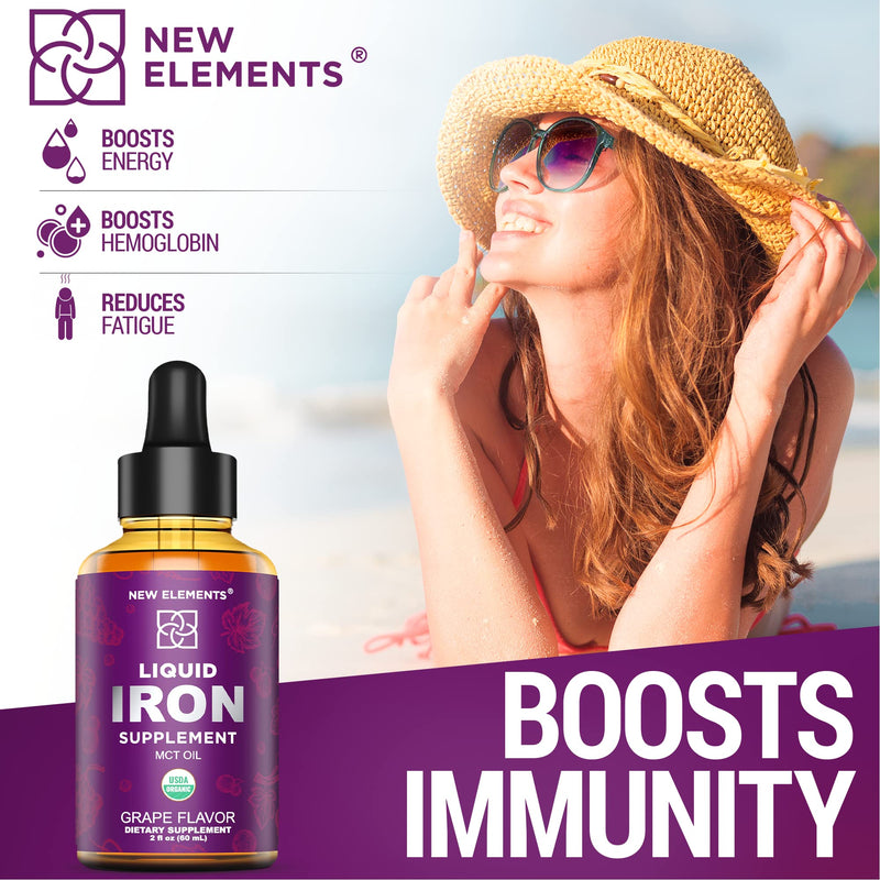 [Australia] - Iron Supplement for Women & Men Free Blood Builder, Iron Vitamin for Anemia USDA Organic Liquid Iron Drops for Adults with MCT Oil, Natural Grape Flavor, Faster Absorption & Immune Support, 2 Fl Oz 
