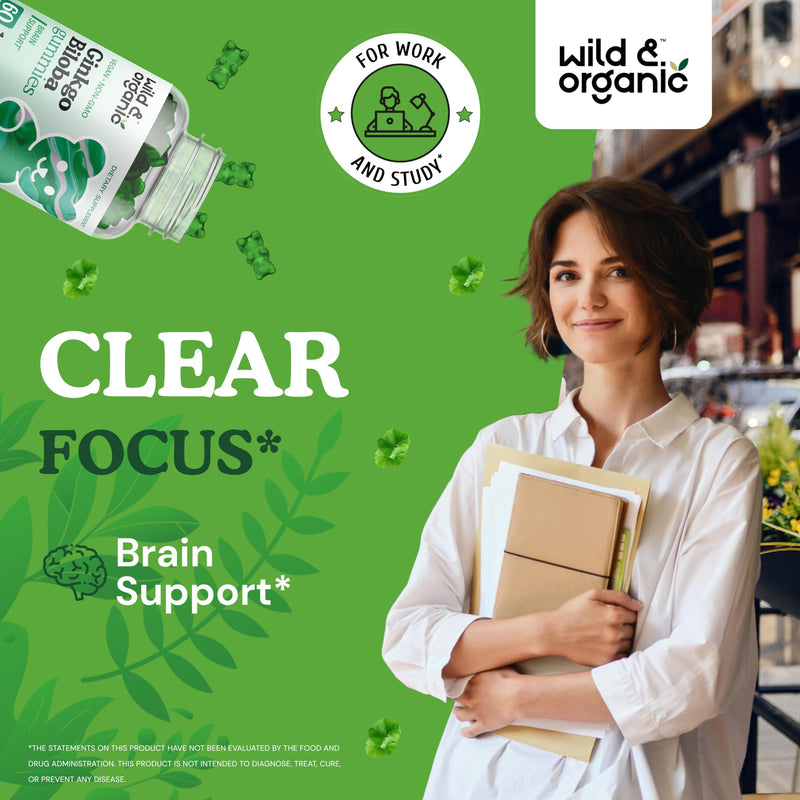 [Australia] - Wild & Organic Ginkgo Biloba Gummies 120mg - Brain Supplement Gummy for Mood & Focus - Energy Herbal Supplements - Vegan Non-GMO - 60 Chews 