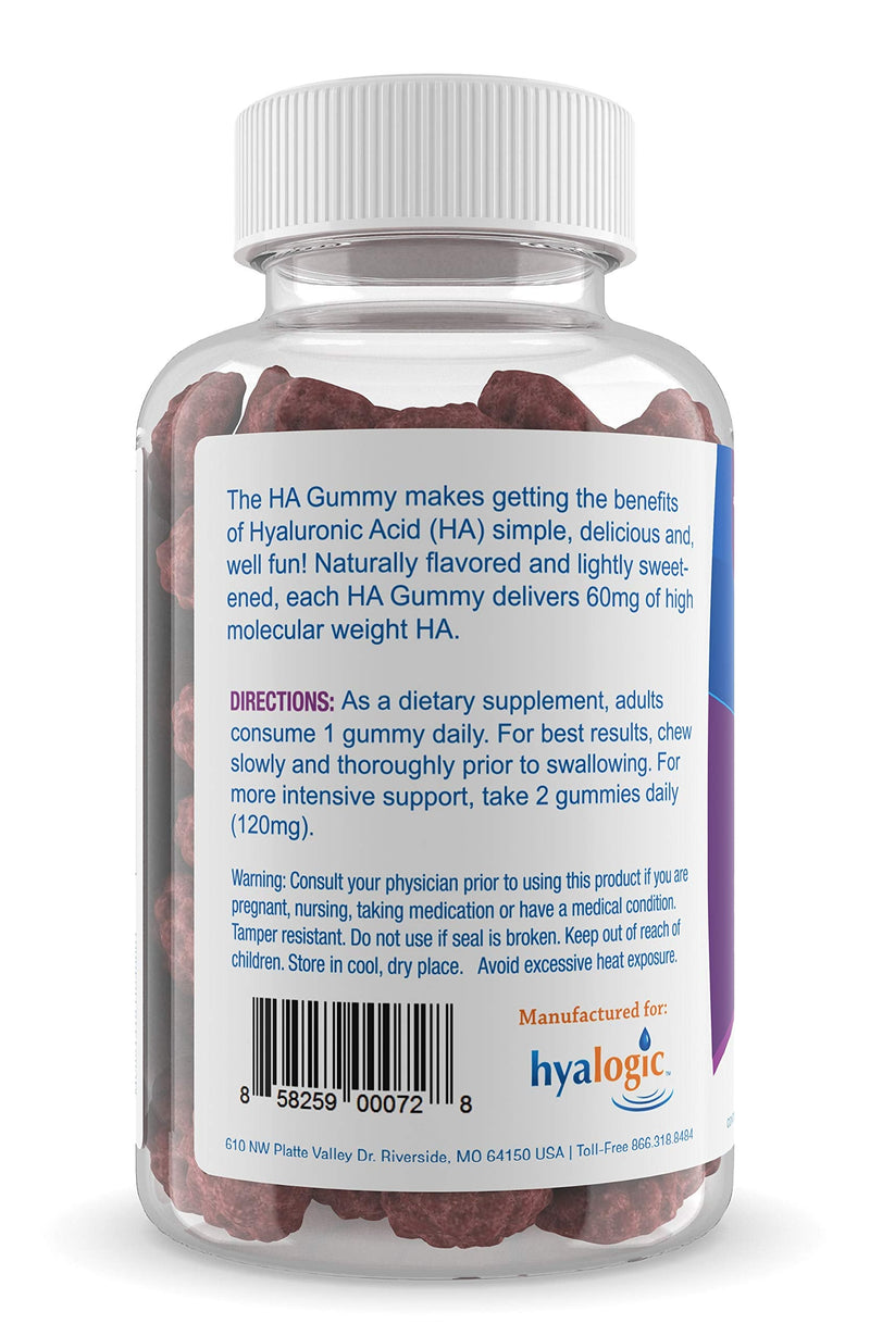 Hyalogic Chewy HA Gummies Mixed Berry Flavor Hyaluronic Acid Gummies – Gluten-Free Gummy Vitamins for Adults - HA Supplement for Joints, Skin & Eyes –60 Count (120 mg) 60 Count (Pack of 1)