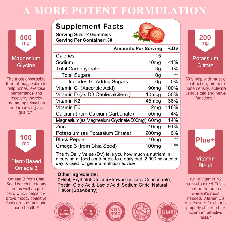 Magnesium Potassium Supplement Gummies - New Formula Calm Magnesium Glycinate Gummies 500mg & Potassium Citrate 200mg Plus Omega 3, B6, D3, K2 & Calcium for Zzz, Leg Cramps & Muscle - 120 Gummies