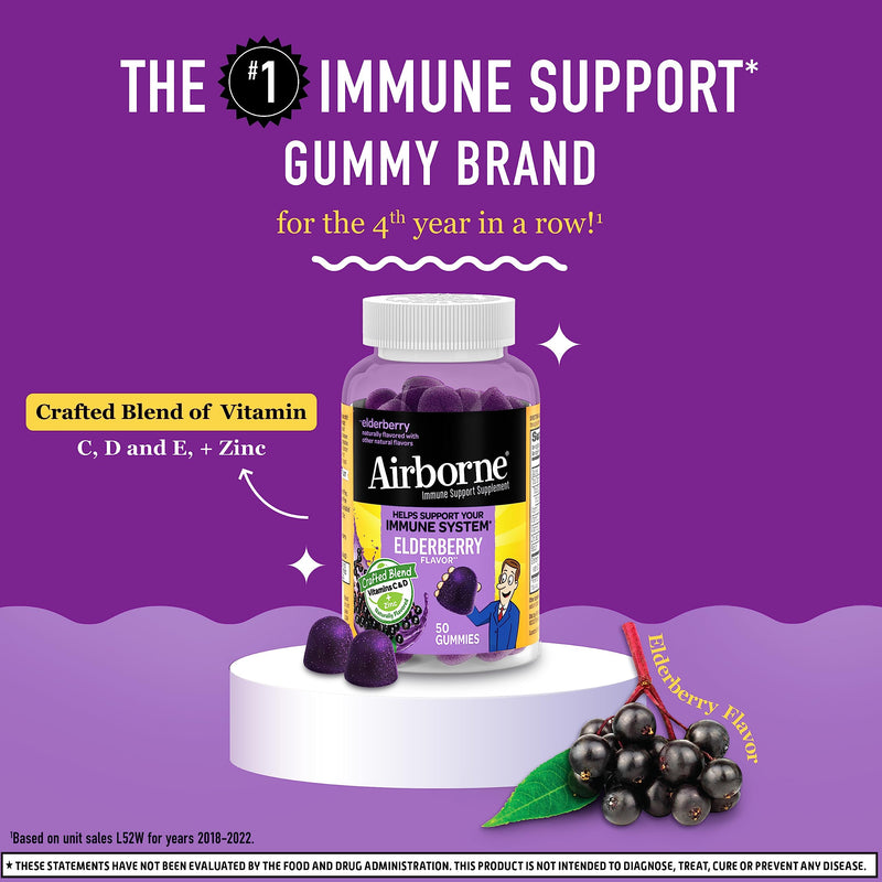 [Australia] - Airborne Elderberry + Zinc & Vitamin C Gummies For Adults, Immune Support Vitamin D & Zinc Gummies With Powerful Antioxidant Vitamins C D & E - 50 Gummies, Elderberry Flavor 50 Count (Pack of 1) Gummy 