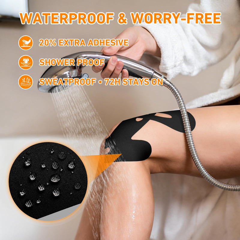 Precut Kinesiology Tape for Knees, 12PCS Knee Tape for Knee Pain Relief&Stability, 20% Stronger Adhesive Athletic Sports Tape for Running, KTQUICK Waterproof Breathable Cotton, Latex-Free Knee(Black)