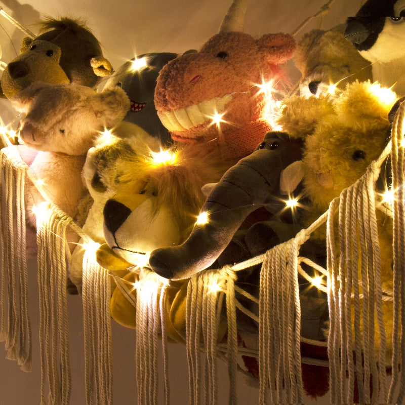 [Australia] - Stuffed Animal Hammock Corner with LED Light - Toy Storage Hammock Plushie Net Large - Cute Stuff Animals Holder Hanging Organizer - Baby Room Decor Kids Toddler Nursery Bedroom Boho Beige Large(43"*43"*56") 