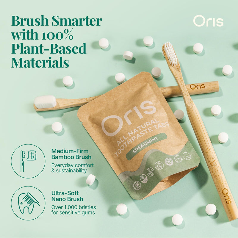 Oris Natural Toothpaste Tabs - Bite Toothpaste Tablets for Sensitive Teeth, TSA-Approved Plastic-Free & Kid-Friendly Zero Waste Travel Tabs - 62ct (Peppermint) Peppermint 62 Count (Pack of 1)