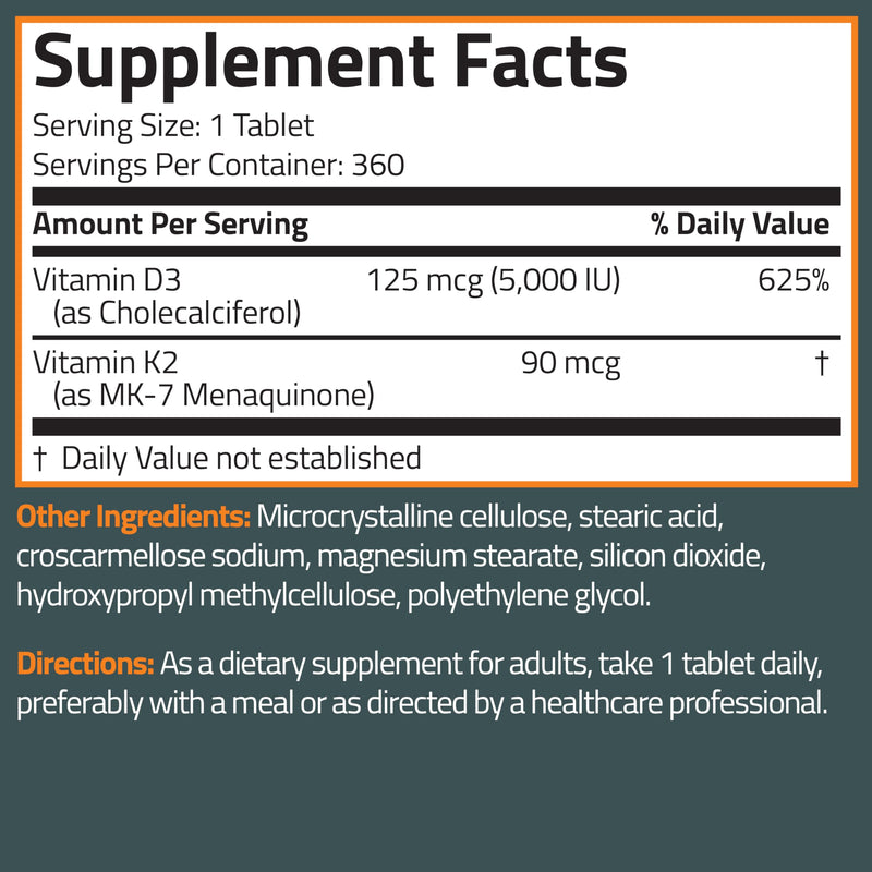 Bronson Vitamin K2 D3 (MK7) Supplement 2-in-1 D3 & K2 Complex, 360 Tablets | Bone, Immune & Heart Health Support, Gluten-Free, Soy-Free, Non-GMO, Vitamin D3 5000 IU (125 mcg) & 90 mcg K2 MK-7 360 Count (Pack of 1)