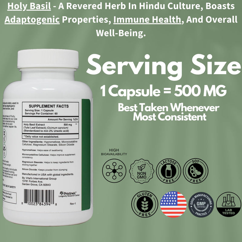 [Australia] - PRISTINE'S Holy Basil Capsules - 500 mg Gluten Free Immunity & Relaxation Support Adaptogen Supplement - 60 Day Supply - Tulsi Holy Basil Leaf Extract Capsules - Vegan - Non-GMO 1 