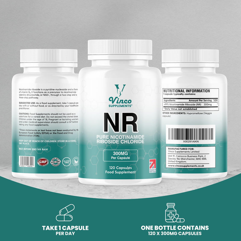 Vinco Nicotinamide Riboside 300mg, 120 Capsules - Ultra High Purity NR - Pure Cellular Energy Booster for Vitality, NAD+ Levels & Metabolic Health - Non-GMO & Gluten Free - Made in The UK