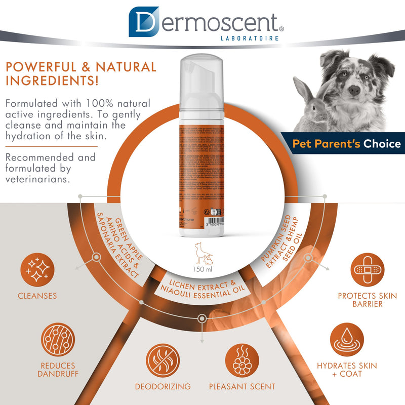 Dermoscent Essential Mousse - Dry Shampoo for Dogs & Small Mammals - Rinse Free Foam to Cleanse Skin & Coat - Odour Control for Smelly Pets - Soap Free - 150ml - PawsPlanet Australia